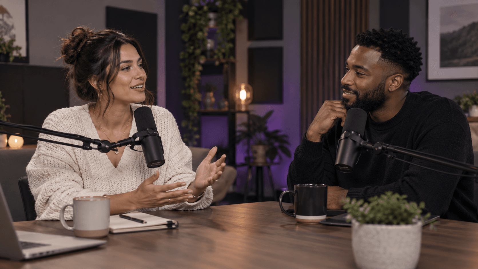 Two podcast hosts recording a conversation in a studio